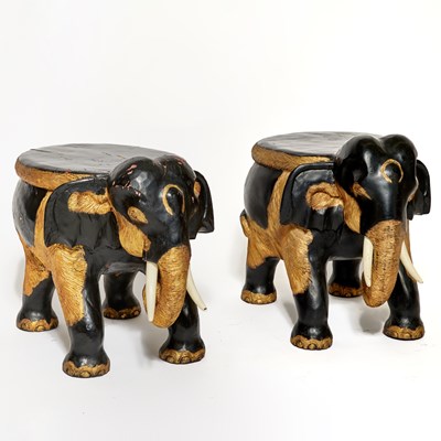Lot 200 - Pair of Carved and Painted Wood Elephant-Form Stools