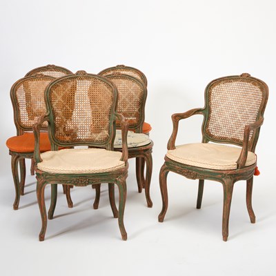 Lot 194 - Set of Six Louis XV Style Green Painted Dining Chairs