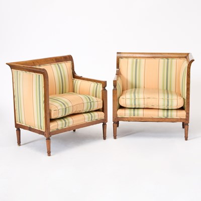 Lot 195 - Pair of Italian Neoclassical Style Upholstered Walnut Armchairs