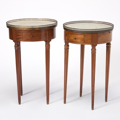 Lot 179 - Pair of Louis XVI Style Marble Top Walnut Bouillotte Tables