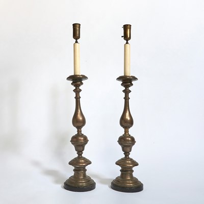 Lot 249 - Pair of Large Continental Marble and Pewter Altar Stick Lamps