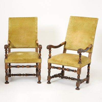 Lot 235 - Pair of Italian Baroque Upholstered Walnut Armchairs