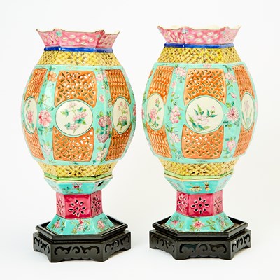 Lot 131 - Pair of Chinese Enameled Porcelain Reticulated Lanterns and Stands