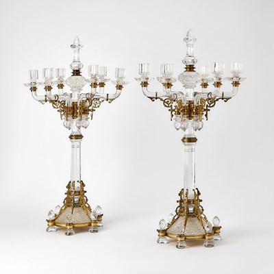 Lot 208 - Pair of Continental Baccarat Style Gilt-Metal Mounted Glass Six-Light Candelabra