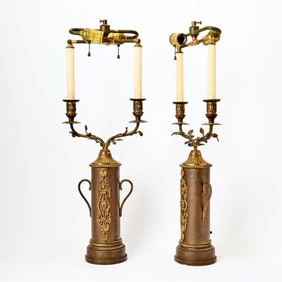 Lot 152 - Pair of French Gilt and Patinated Metal Lamps