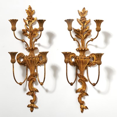 Lot 153 - Pair of Continental Giltwood and Metal Four-Light Wall Sconces