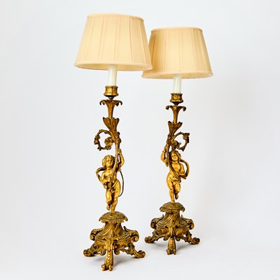 Lot 138 - Pair of Louis XV Style Gilt-Metal Cherub Table Lamps