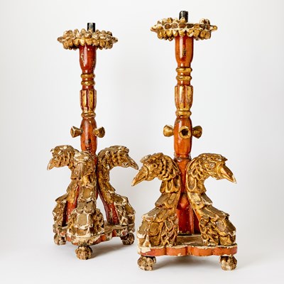 Lot 171 - Pair of Continental Painted and Parcel-Gilt Candlesticks