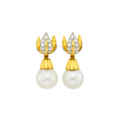 Lot 1015 - Pair of Two-Color Gold, Diamond and Semi-Baroque South Sea Cultured Pearl Pendant-Earrings