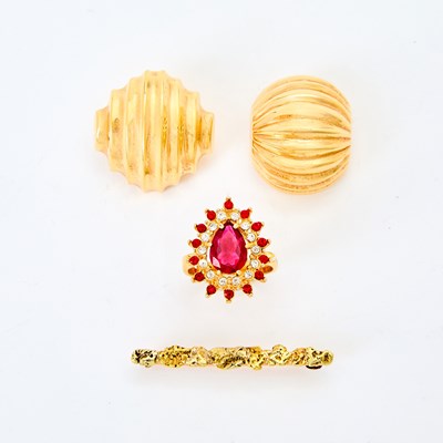 Lot 77 - Group of Gold Jewelry and Gilt-Metal and Glass Stone Ring