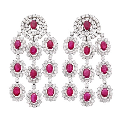 Lot Pair of White Gold, Ruby and Diamond Fringe Earclips