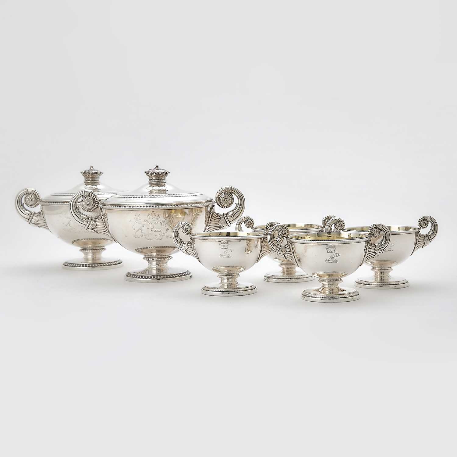 Lot 98 - Pair of George III Sterling Silver Covered Sauce Tureens and Four En Suite Open Salt Cellars