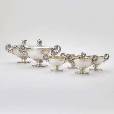 Lot 98 - Pair of George III Sterling Silver Covered Sauce Tureens and Four En Suite Open Salt Cellars