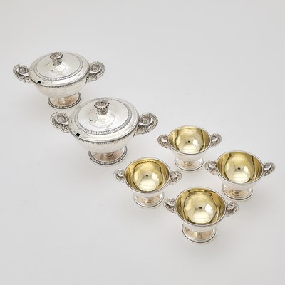 Lot 98 - Pair of George III Sterling Silver Covered Sauce Tureens and Four En Suite Open Salt Cellars