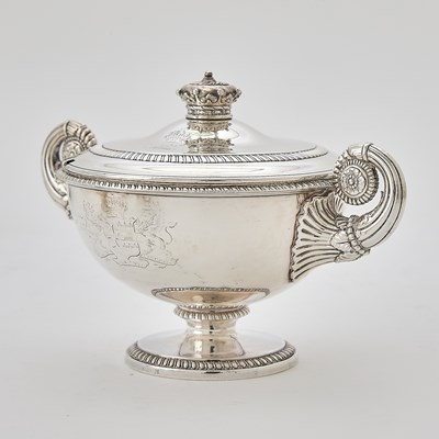 Lot 98 - Pair of George III Sterling Silver Covered Sauce Tureens and Four En Suite Open Salt Cellars