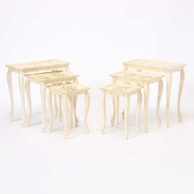 Lot 141 - Pair of Italian Rococo Style Botanical Painted Nests of Tables