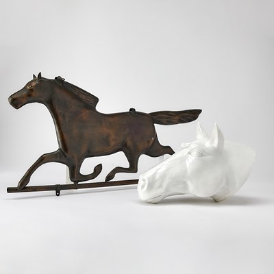 Lot Copper Race Horse Weathervane Together With an Italian White Painted and Glazed Horse Head Sculpture