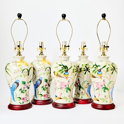 Lot 252 - Set of Five Bird and Floral Decorated Porcelain Table Lamps