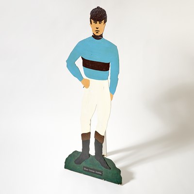 Lot 247 - Blue Goose Stable Painted Wood Silhouette of a Jockey with Whitney Silks