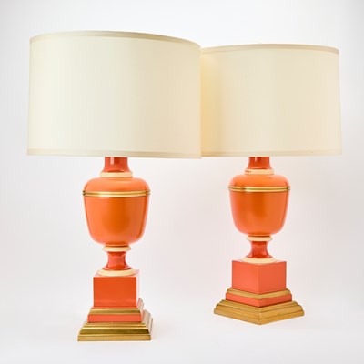 Lot 236 - Pair of Gilt Decorated Coral Painted Metal Table Lamps