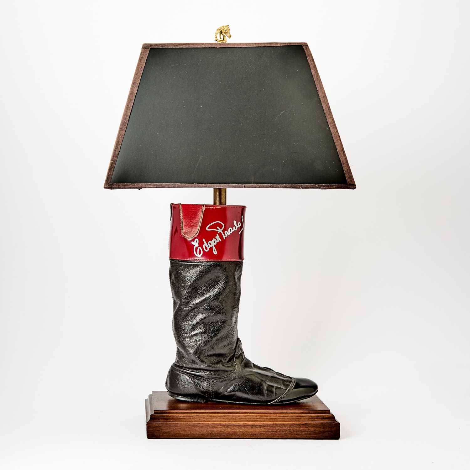 Lot 71 - Edgar Prado Autographed Jockey Riding Boot, Made into a Table Lamp