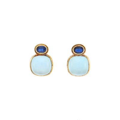 Lot 1021 - Maz Pair of Gold, Blue Topaz, Mother-of-Pearl and Sapphire Earrings