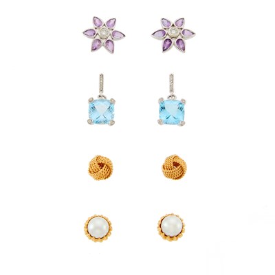 Lot 1263 - Group of Gold, White Gold, Colored Stone and Cultured Pearl Earrings
