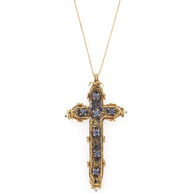 Lot 1310 - Gold-Tone Metal, Sapphire, Cultured Pearl and Diamond Cross Pendant with Gold Chain Necklace