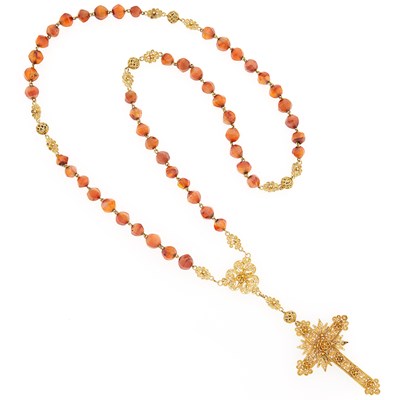 Lot 1189 - Antique Filigree Gold and Faceted Carnelian Bead Pendant-Necklace