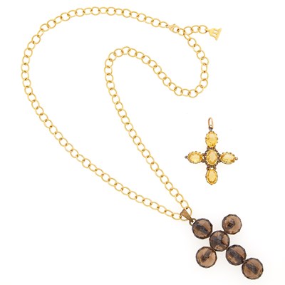 Lot 1210 - Antique Gold and Citrine Cross Pendant and Gilt-Metal and Smoky Quartz Cross Pendant with Gold Temple St. Clair Chain Necklace