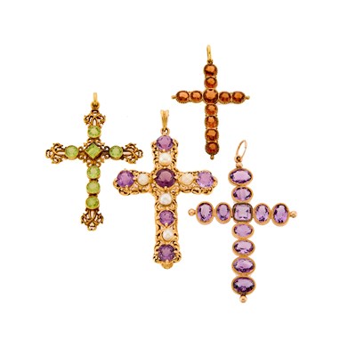 Lot 1208 - Four Antique Gold, Colored Stone and Cultured Pearl Cross Pendants