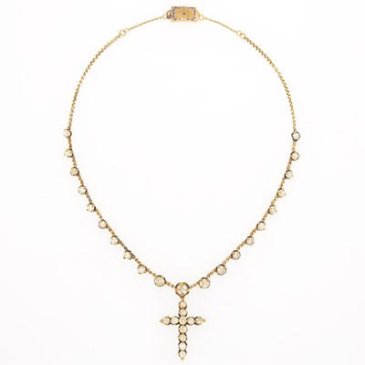 Lot 1178 - Antique Gold and Diamond Cross Pendant-Necklace