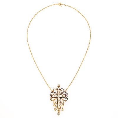 Lot 1196 - Antique Gold and Diamond Cross Pendant-Necklace