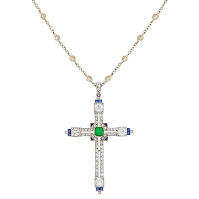 Lot 152 - Platinum, Emerald, Sapphire and Diamond Cross Pendant with White Gold and Diamond Chain Necklace