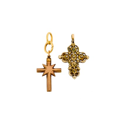 Lot 1249 - Two Antique Low Karat Gold, Silver, Ruby and Diamond Cross Pendants