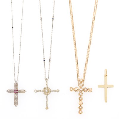 Lot 1152 - Group of Yellow, White and Rose Gold and Gem-Set Cross Pendants with Chain Necklaces