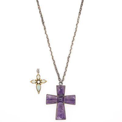 Lot 1305 - William Spratling Silver and Amethyst Cross Pendant-Necklace and Konstantino Silver, Gold, Green Quartz and Cultured Pearl Pendant