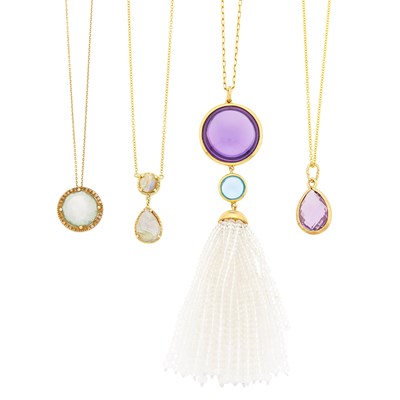 Lot 1260 - Four Gold and Gem-Set Pendants with Chain Necklaces