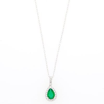 Lot 1124 - White Gold, Emerald and Diamond Pendant with Chain Necklace