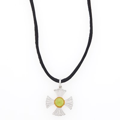 Lot 1035 - Buccellati Two-Color Gold and Cabochon Peridot Maltese Cross Pendant with Silk Cord Necklace