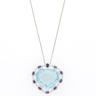 Lot 1114 - Platinum, Aquamarine, Diamond and Sapphire Pendant and Chain