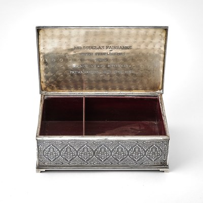 Lot 192 - Thai Niello Silver and Wood Presentation Footed Box from the Prince of Thailand
