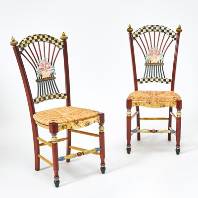 Lot 396 - Pair of MacKenzie-Child's Painted Flower Basket Rush Seat Side Chairs