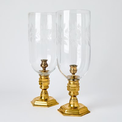 Lot 351 - Pair of Etched Glass and Brass Photophores