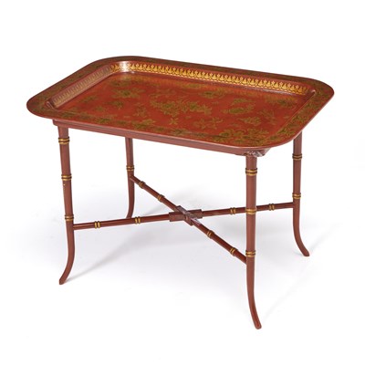 Lot 361 - Red Lacquer Tôle Tray on Faux Bamboo Stand