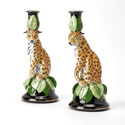 Lot 349 - Pair of Lynn Chase Porcelain "Jaguar Jungle" Candlesticks
