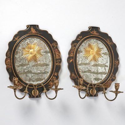 Lot 360 - Pair of Regency Style Gilt-Chinoiserie Black Lacquered Mirrored Two-Light Sconces
