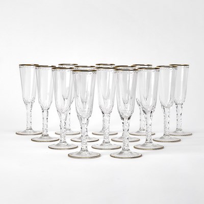 Lot 370 - Set of Fourteen William Yeoward "Helena" Gilt-Rimmed Glass Champagne Flutes