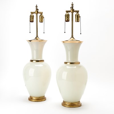 Lot 408 - Pair of Gilt Decorated White Opaline Glass Vases Mounted as Lamps