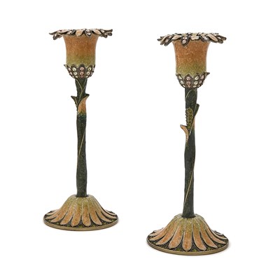 Lot 3269 - Pair of Glass "Jeweled" and Enameled Metal "Daisy" Candlesticks